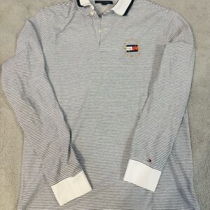Tommy Hilfiger Long Sleeve Striped Polo in White & Navy